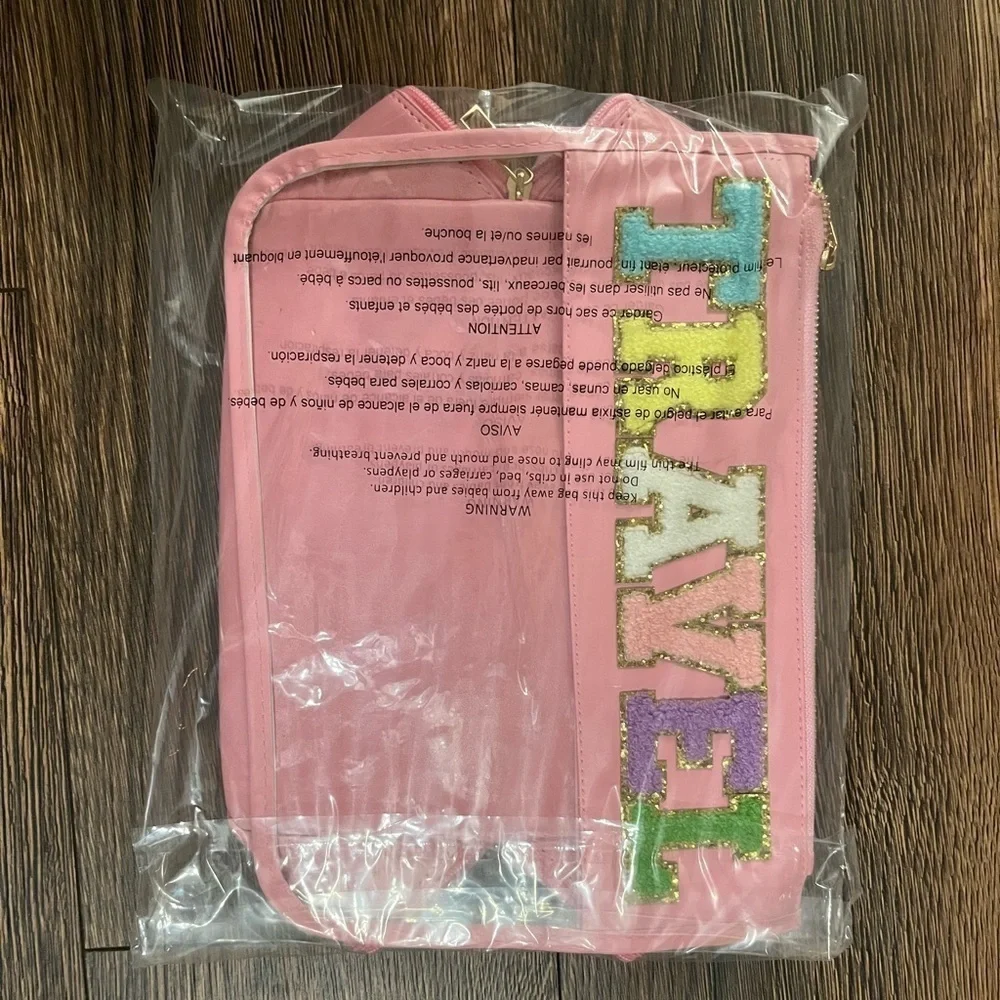 Lot of 2 Pink letter patch chenille cosmetic and travel bag.‎